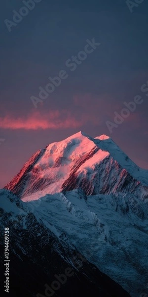 Fototapeta Majestic snow-capped peak illuminated by a vibrant sunset, casting a warm pink glow on its icy slopes against a dark, moody sky