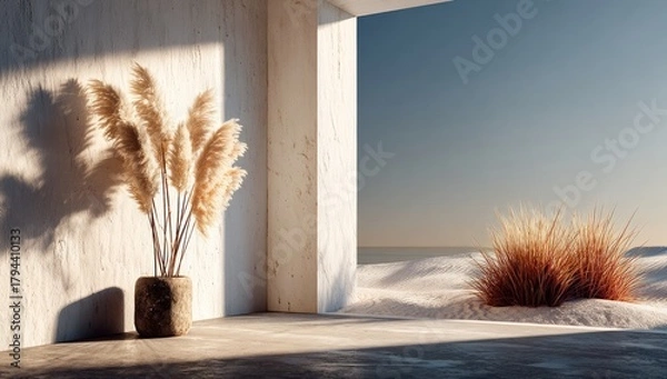 Fototapeta Minimalist interior scene featuring pampas grass in a stone vase, set against a sunlit backdrop of a sandy landscape viewed through a minimalist opening in a light-colored wall.