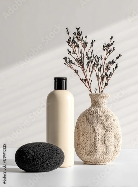 Fototapeta Minimalist still life featuring a cream-colored bottle, a textured beige vase with dried flowers, and a dark grey bath sponge, bathed in sunlight against a white backdrop
