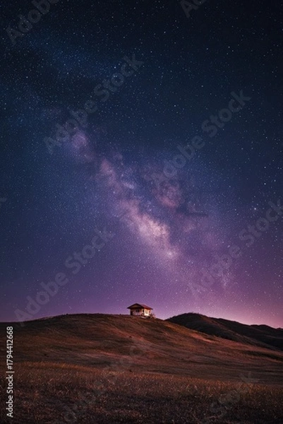 Fototapeta Solitary structure atop a gently sloping hill under a vibrant night sky, showcasing a brilliant Milky Way galaxy with countless stars