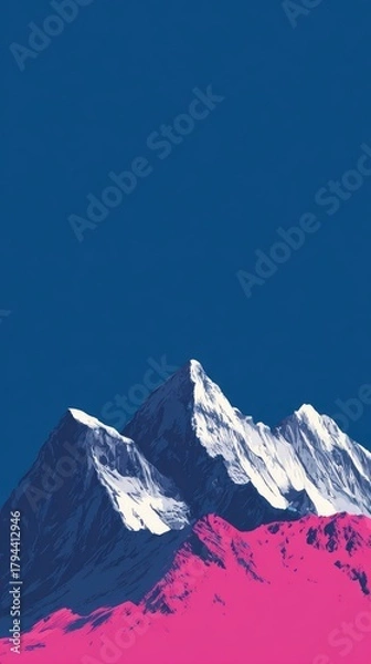 Fototapeta Stylized mountain range depicted in a vibrant, contrasting color palette of deep blue sky and hot pink, white-capped peaks.  The image has a digitally-enhanced, almost surreal feel