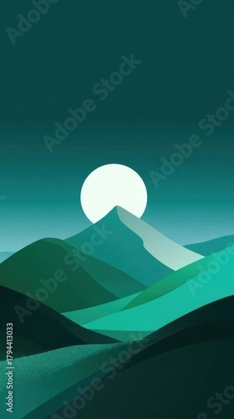 Fototapeta Stylized nighttime landscape featuring a large, bright moon above rolling teal and dark green hills, creating a serene and minimalist aesthetic