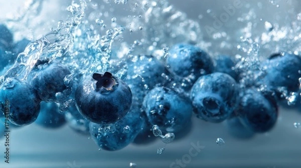 Obraz fresh blueberries splashing into crystal blue water, macro high speed photography, vivid contrast, floating droplets, dynamic motion, refreshing