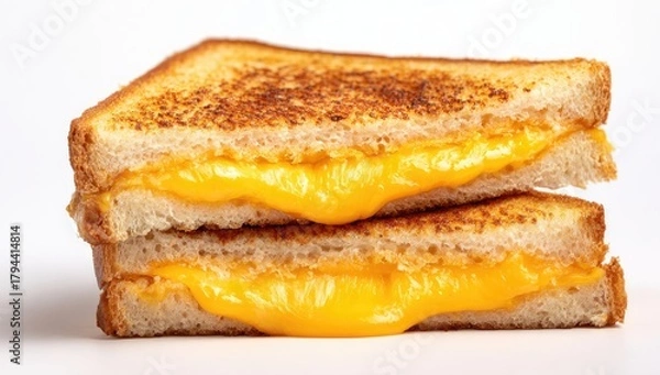 Fototapeta Two halves of a golden-brown, toasted cheese sandwich, showing melted cheese oozing from the cut sides, stacked on a white background