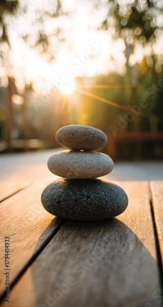 Fototapeta Three smooth, grey stones balanced atop each other on a weathered wooden surface, backlit by a vibrant sunset.  A shallow depth of field blurs the background