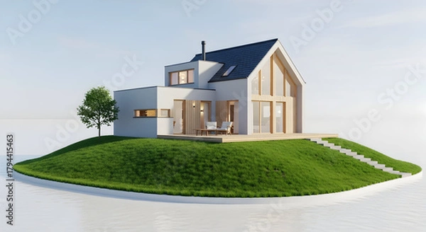 Fototapeta A house on a grassy hillside with a clear sky and surrounding nature white background