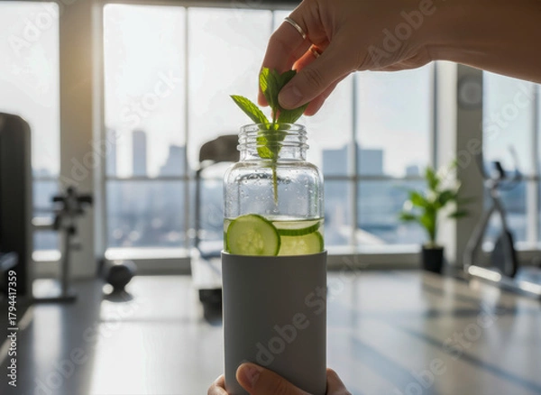 Fototapeta Refreshing cucumber and mint infused water being prepared in a gym, promoting healthy hydration and fitness lifestyle in a modern setting