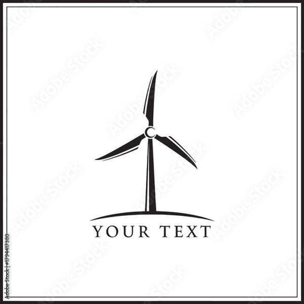 Obraz Black and white wind turbine logo design with text at the bottom, simple and clean.