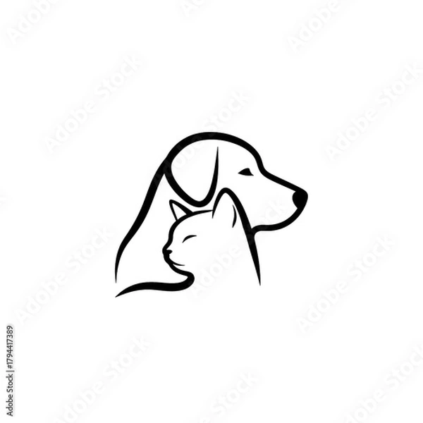 Obraz Minimalist line art illustration of a dog and cat in profile, symbolizing pet companionship and veterinary services.