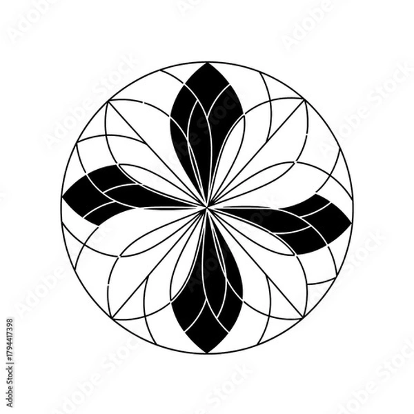 Obraz Black and white circular geometric design featuring a symmetrical floral or star pattern on a white background.