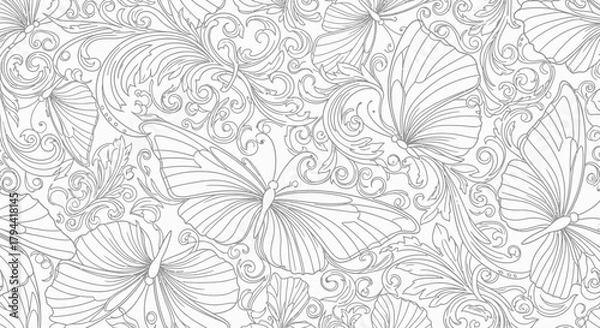 Obraz Elegant seamless pattern of intricate line art butterflies and swirling floral filigree on a white background.