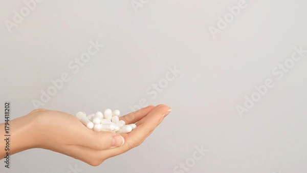 Obraz Hand holding a pile of white capsules on a neutral background, symbolizing medicine, supplements, healthcare, and wellness, with copy space for text.