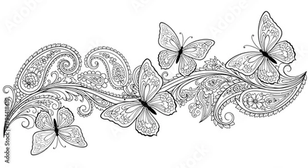 Obraz Intricate black and white line art illustration of delicate butterflies with detailed paisley patterns and elegant floral scrollwork, perfect for coloring.