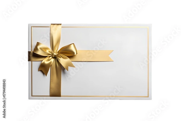 Fototapeta Blank gift card or invitation envelope with a golden satin ribbon bow. Isolated on transparent background, png
