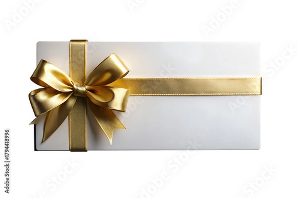 Fototapeta Blank gift card or invitation envelope with a golden satin ribbon bow. Isolated on transparent background, png
