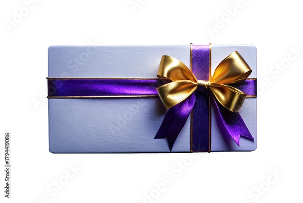 Fototapeta Blank gift card or invitation envelope with a golden purple  satin ribbon bow. Isolated on transparent background, png
