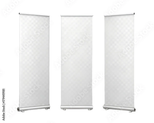 Fototapeta Set of three blank white roll up banner stand mockups from different angles. Isolated on transparent background, png
