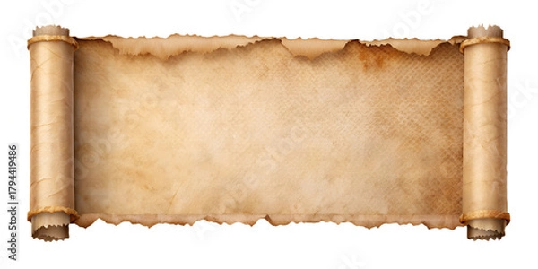 Fototapeta Vintage blank unrolled parchment scroll with tattered edges. Isolated on transparent background, png
