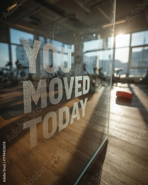 Obraz Healthy Habits and Movement Goals, sunlit studio scene with you moved today message on mirror, celebrating action recognition, movement success, and routine progress visibility