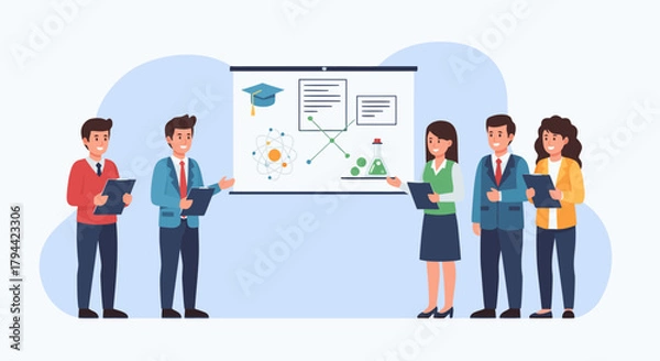 Obraz Dynamic team presenting science and education data, showcasing research and learning concepts with modern visual aids, driving innovation and progress