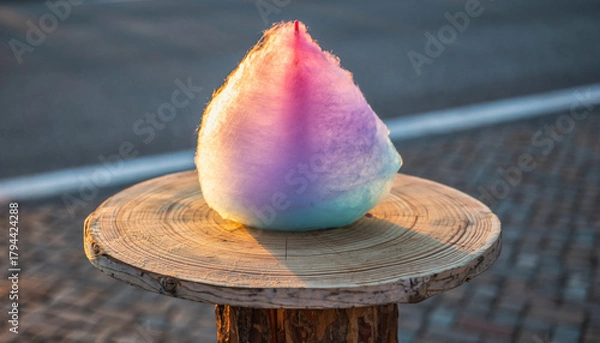 Fototapeta A cone of colorful rainbow cotton candy resting on a wooden slab during a warm sunset.