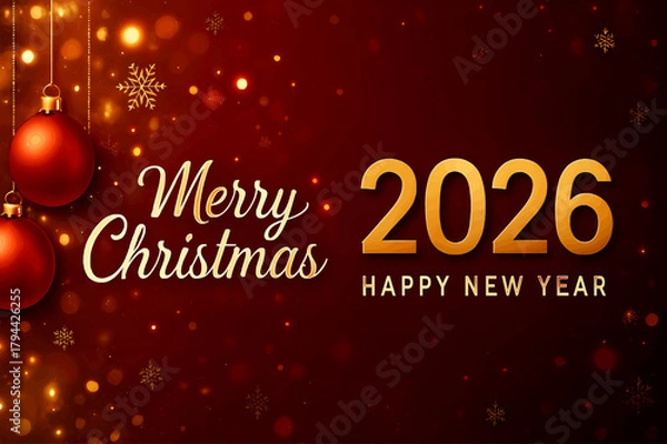 Fototapeta Merry Christmas 2026 and Happy New Year Greeting Card with Red Festive Background