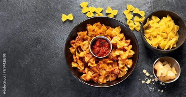 Fototapeta Crunchy fried pasta chips with dips.