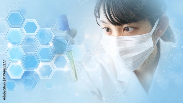 Obraz 科学と医療・研究イメージ：研究者と抽象背景