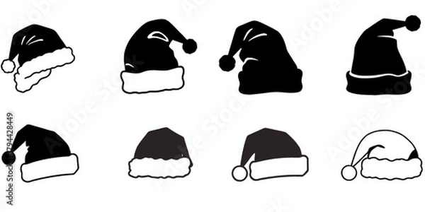 Fototapeta A collection of eight different Santa hats are displayed in a simple black and white vector graphic. The hats vary in style and shape, but all have the classic white fluffy trim.