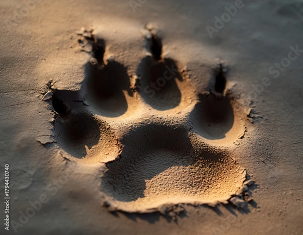 Fototapeta Close-up of a distinct animal paw print deeply impressed in sandy ground, illuminated by warm sunlight.