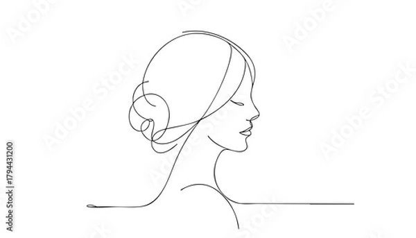 Fototapeta Single line drawing in modern minimalist style of sad female silhouette on white background with copy space