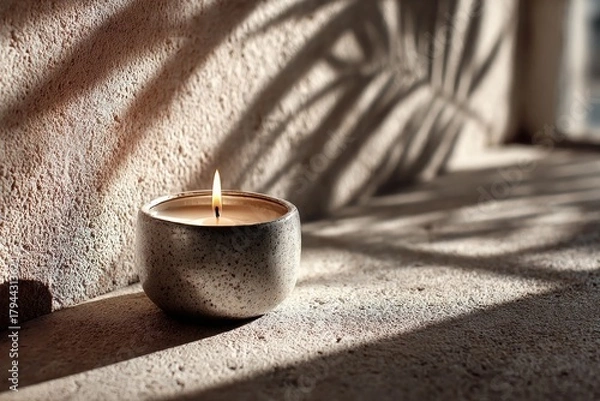 Fototapeta Spa Candle with Warm Light and Shadow Patterns. Relaxation & Wellness Mood.