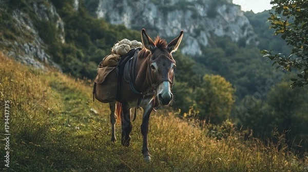 Obraz Donkey carrying supplies on a wooded trail during a serene afternoon in the mountains