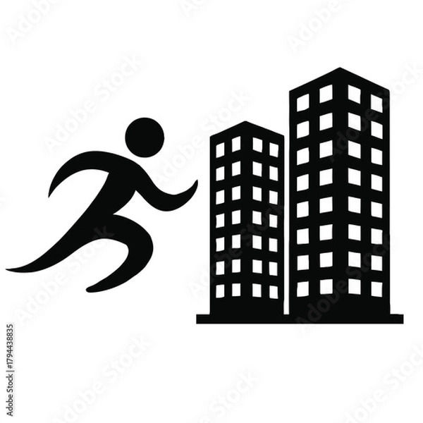Obraz Black Silhouette of a Runner Approaching Two Skyscraper Buildings running person