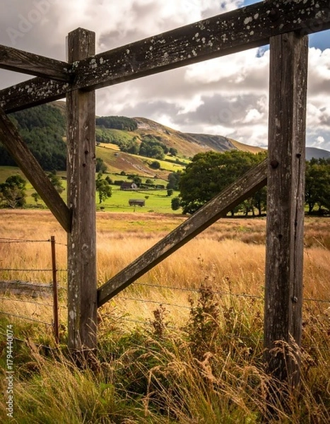 Fototapeta A rustic wooden fence frames a scenic valley view under a cloudy sky