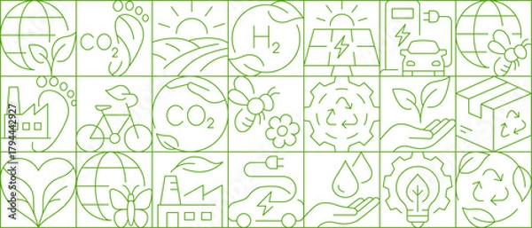Fototapeta Minimalist linear composition of eco-symbols illustrating sustainable development, clean energy, recycling, emissions, and environmental protection.