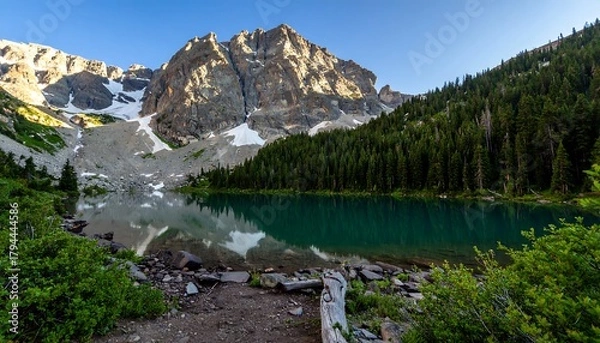 Fototapeta Rugged mountain peak reflected in an alpine lake