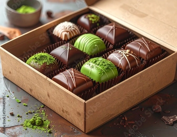 Obraz Assorted Chocolate and Green Matcha Sweets Arranged in a Wooden Presentation Box