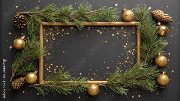 Fototapeta Minimal christmas mockup with elegant golden ornaments pine border and copy space on black background.