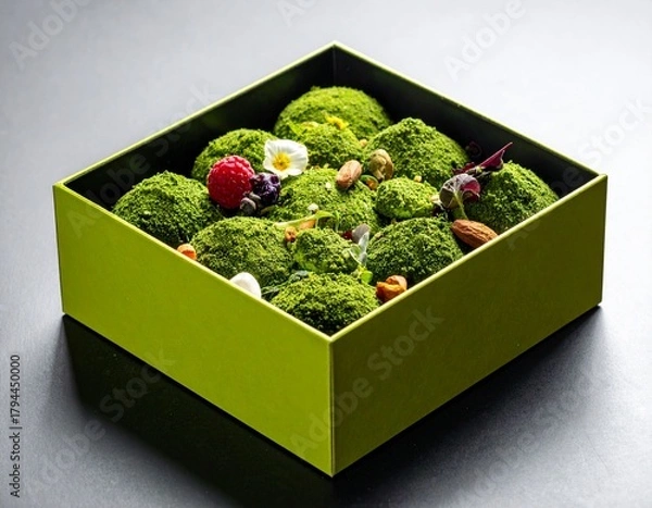 Obraz Assortment of Delicious Green Matcha Truffles in a Gift Box with Powder Dust