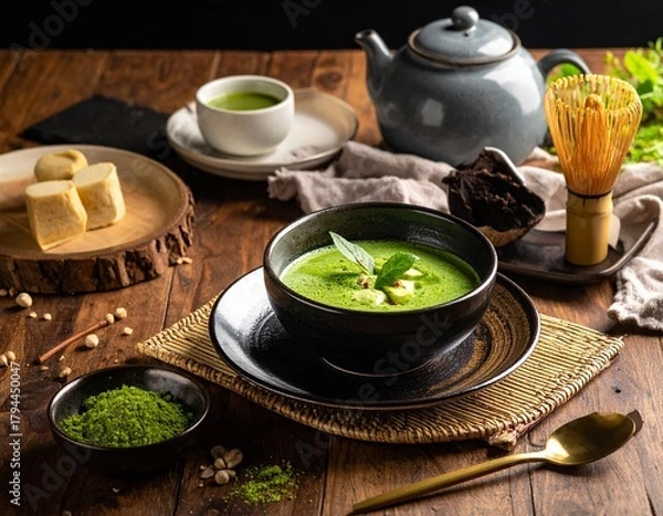 Obraz Traditional Japanese Matcha Tea Served with Small Sweets in a Zen Setting