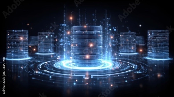 Fototapeta Futuristic visualization of a database hub with program monitoring connectivity and index recovery