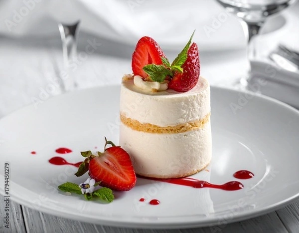 Obraz Individual Layered Dessert Cup with Cream Topped with Fresh Sliced Strawberry