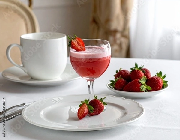 Obraz Strawberry Dessert with Sauce Drizzle and Fresh Berries Beside a Small Glass