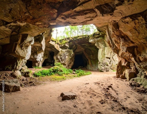 Fototapeta View from inside a large, rocky cave opening