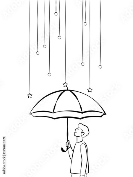 Fototapeta Stylized line art drawing of a man looking up, holding an umbrella while stars and rings hang down like rain. Concept of protection, hope, optimism, or dreaming.