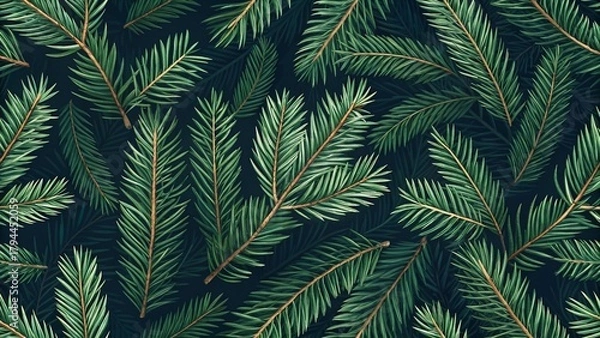 Fototapeta Seamless christmas new year pattern with overlapping dark green pine fir branches background texture.