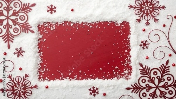 Fototapeta Festive red Christmas background with a snowy border and decorative paper snowflakes.