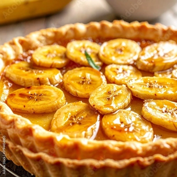 Obraz Golden Baked Banana Tart with Sliced Fruit and Bright Syrup Drizzle