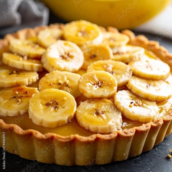 Obraz Classic Banana Tart with Sliced Bananas and a Golden Glaze on a Pastry Crust